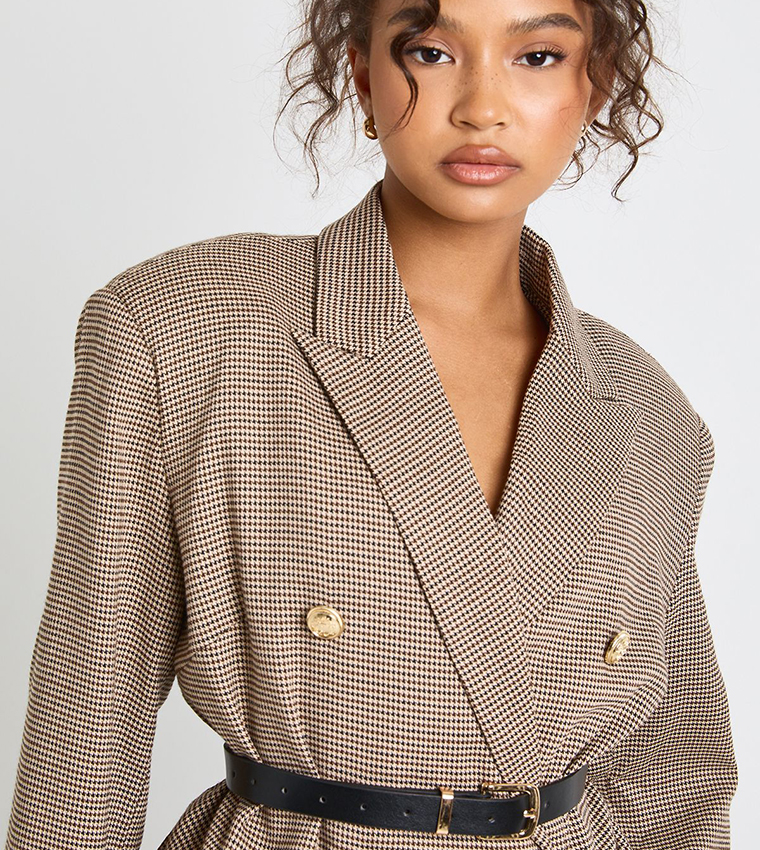 Houndstooth Belted Double Breasted Blazer