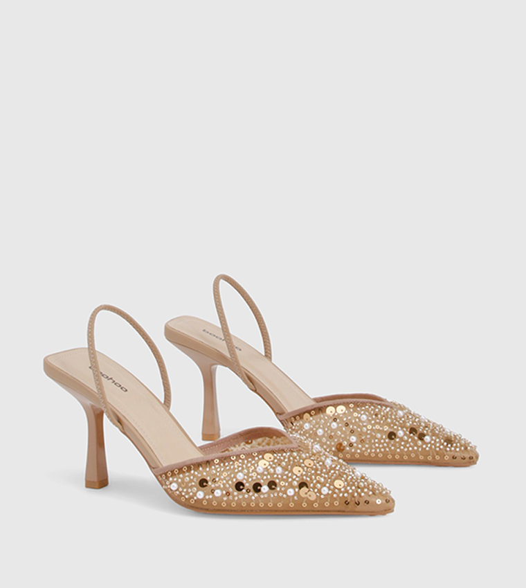 Pearl Beaded Embellished Slingback Mule Pumps
