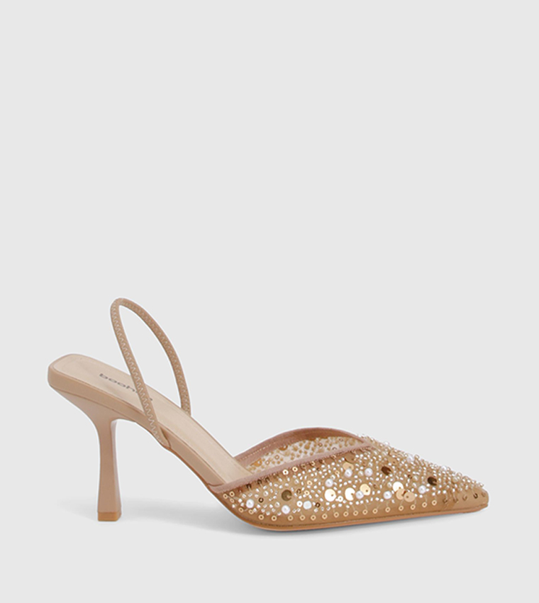 Pearl Beaded Embellished Slingback Mule Pumps