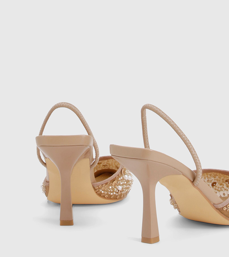 Pearl Beaded Embellished Slingback Mule Pumps
