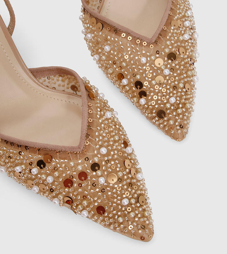 Pearl Beaded Embellished Slingback Mule Pumps