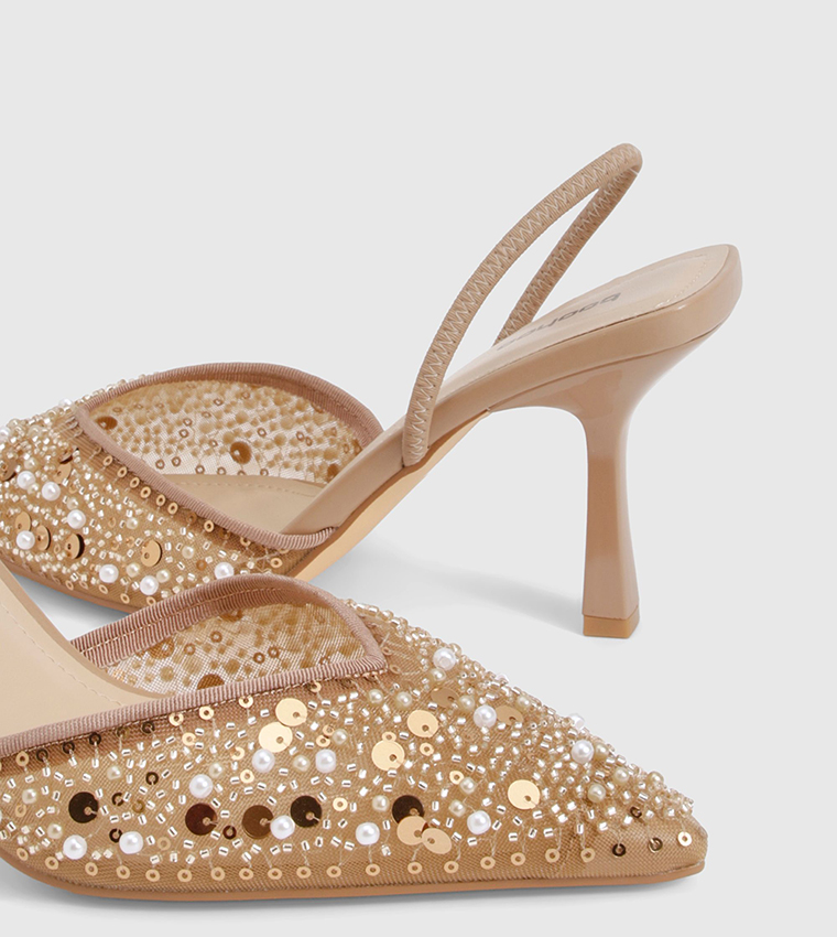 Pearl Beaded Embellished Slingback Mule Pumps