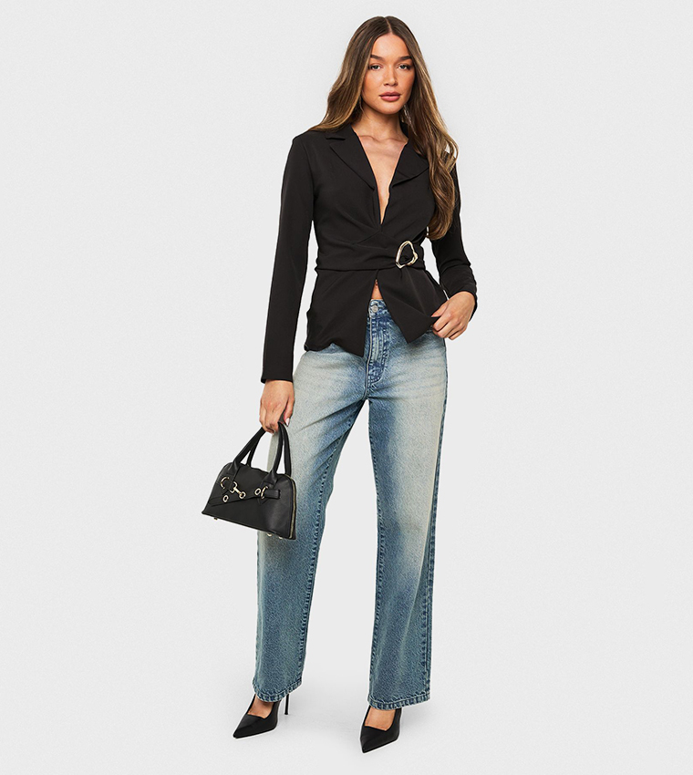 Hardware Trim Ruched Front Blazer