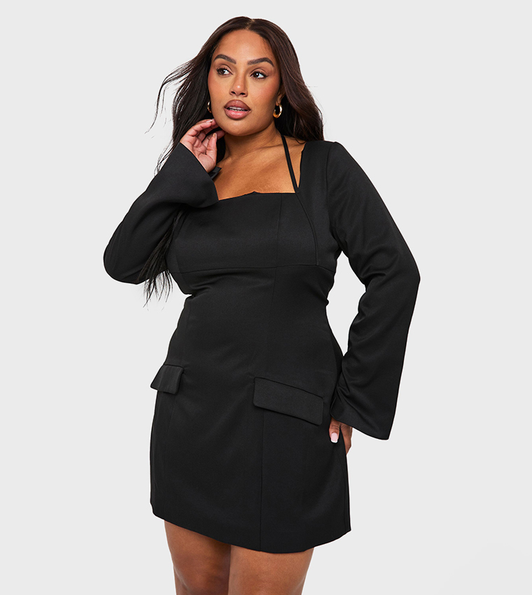 Buy Boohoo Curve Pocket Detail Tailored Shift Dress In Black
