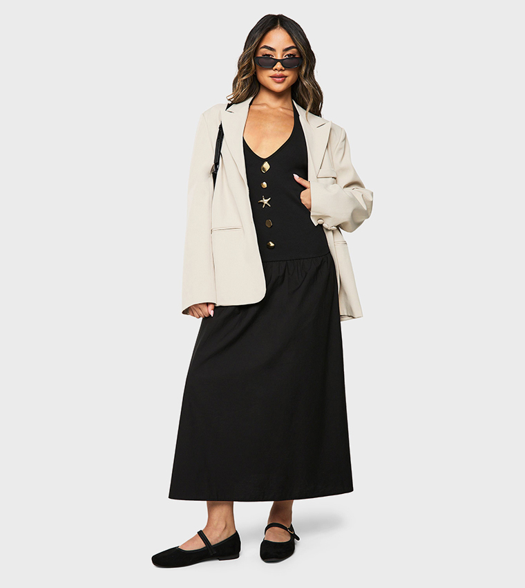 Starfish Gold Trim Ribbed Poplin Maxi Dress