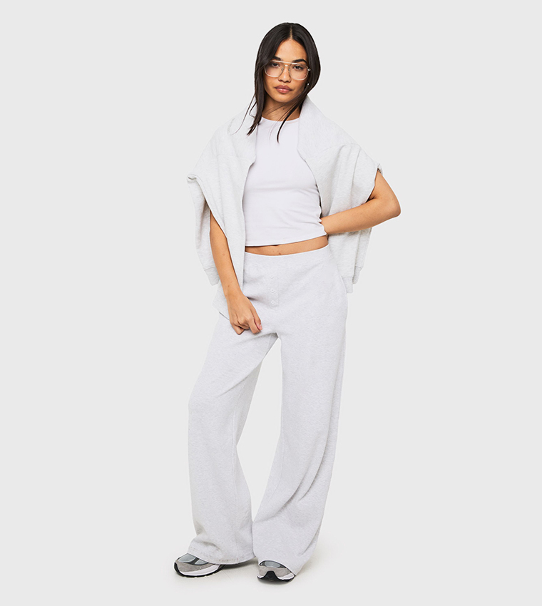 Ribbed Henley Button Detail Straight Fit Trousers