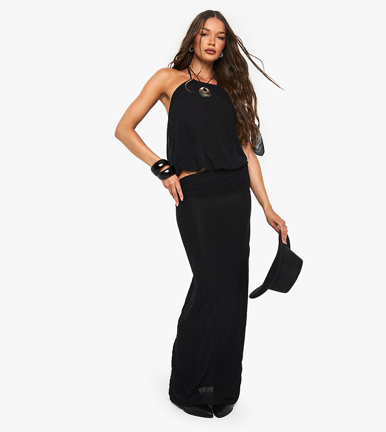Textured Shirred Halterneck Bubble Hem Crop Top
