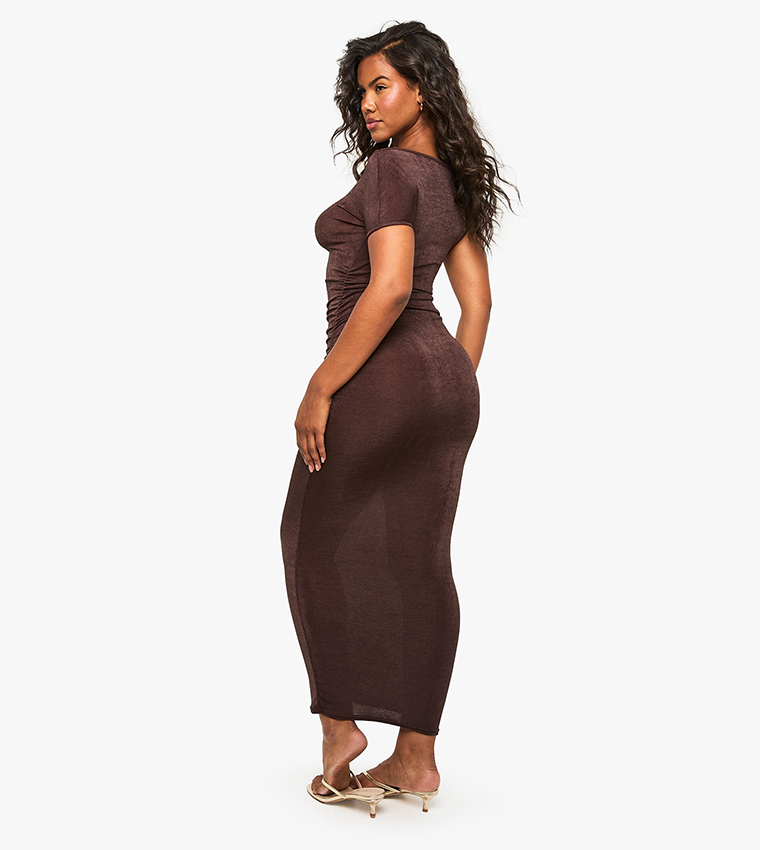 Accetate Slinky Draped Neck Ruched Midi Dress