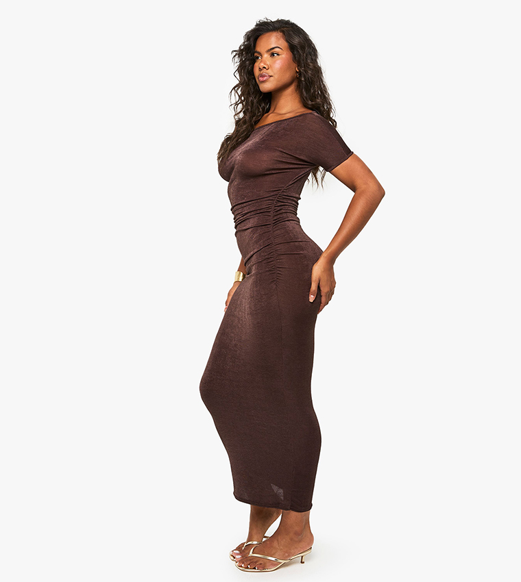 Accetate Slinky Draped Neck Ruched Midi Dress
