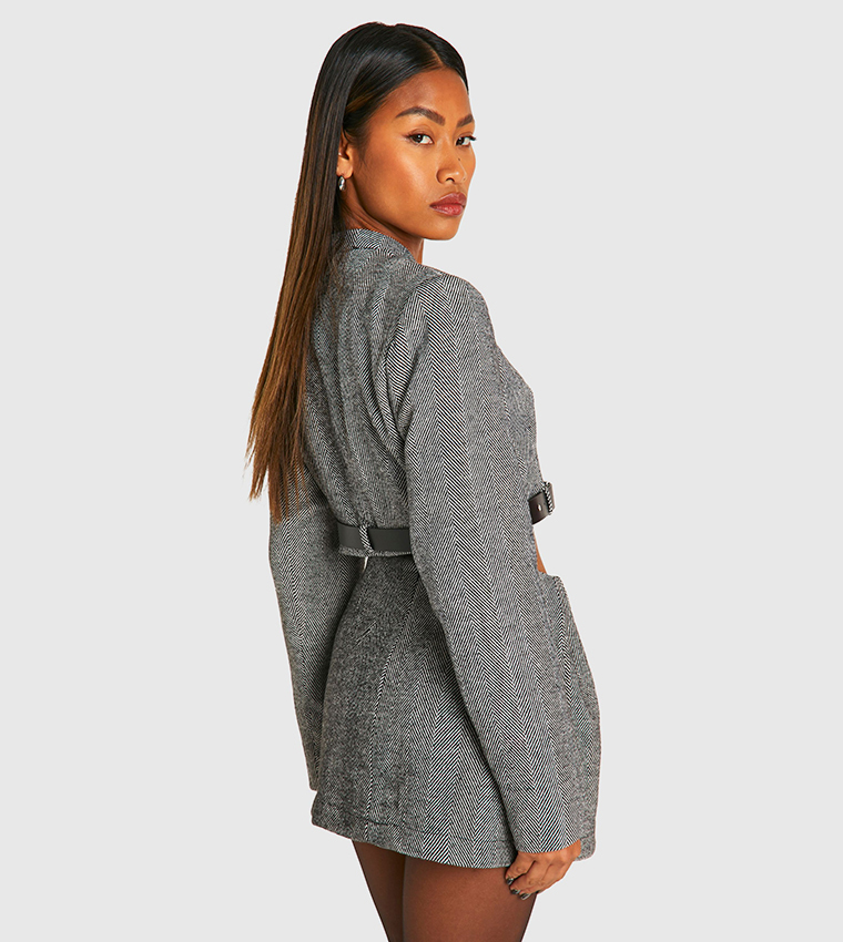 Herringbone Belt Detail Crop Blazer