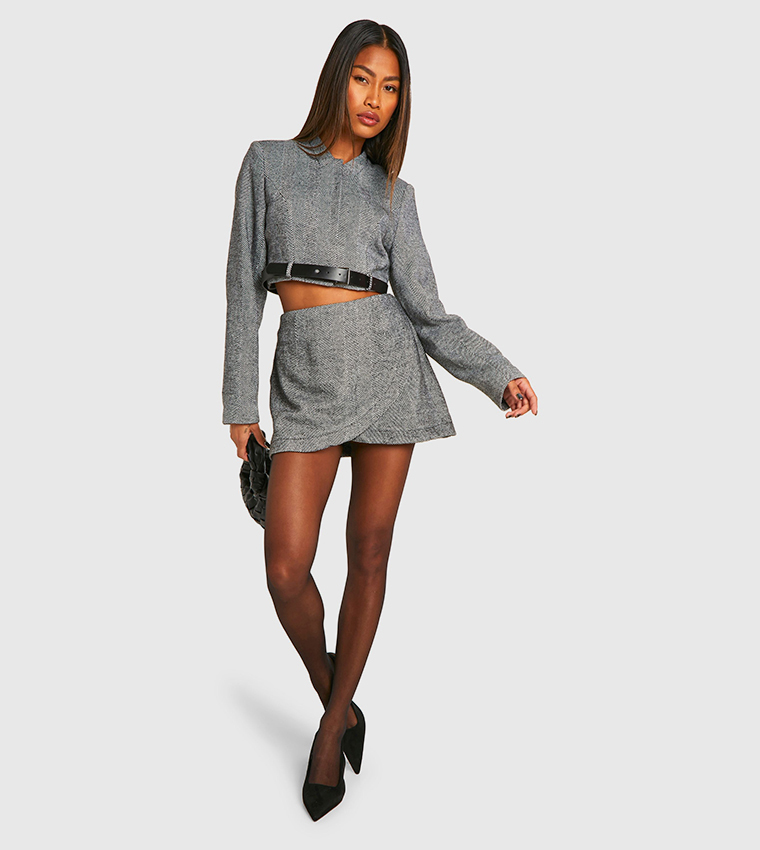 Herringbone Belt Detail Crop Blazer