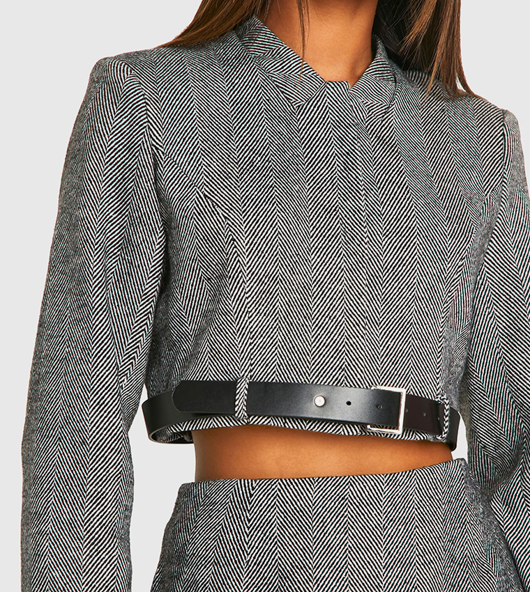 Herringbone Belt Detail Crop Blazer
