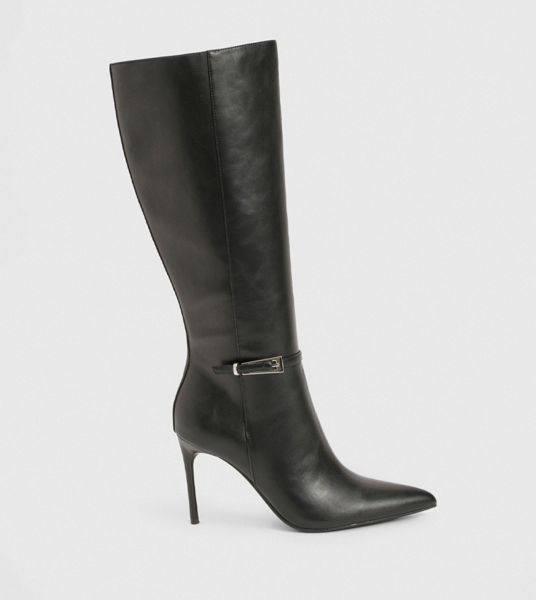 Buckle Detail Pointed Toe Knee High Boots