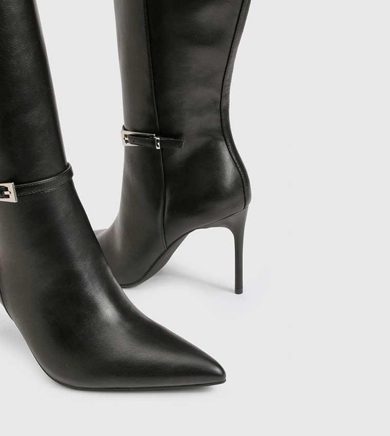 Buckle Detail Pointed Toe Knee High Boots