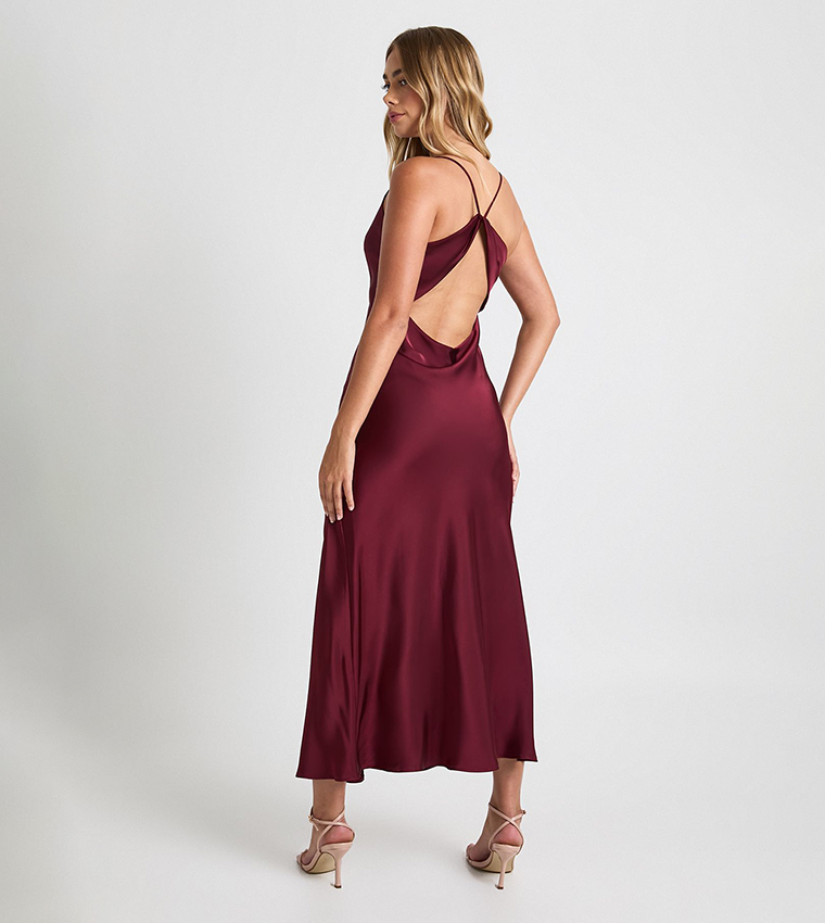 Satin Open Back Cinched Slip Midi Dress