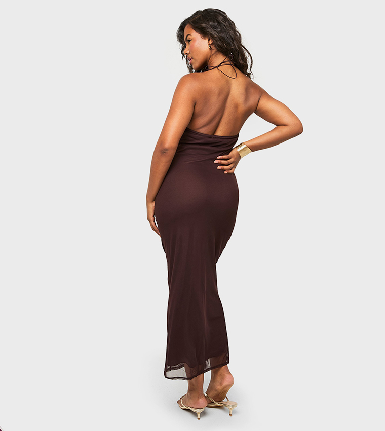 Strappy Mesh Cowl Maxi Dress
