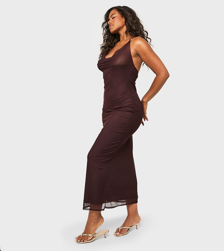 Strappy Mesh Cowl Maxi Dress