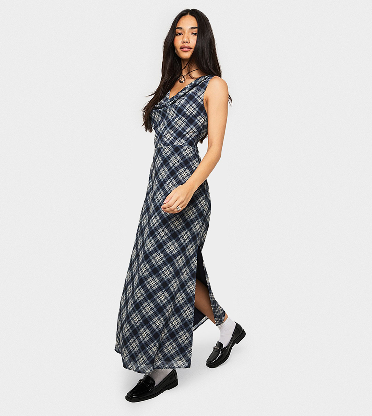 فستان ميداكسي شيفون كاروهات بياقة متدلية