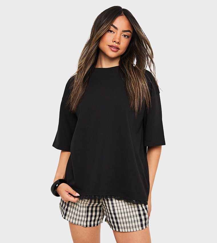 Lace Hem Short Sleeves Oversized T-Shirt