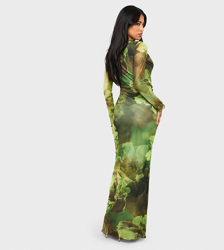 Floral Print Mesh Cowl Detail Maxi Dress