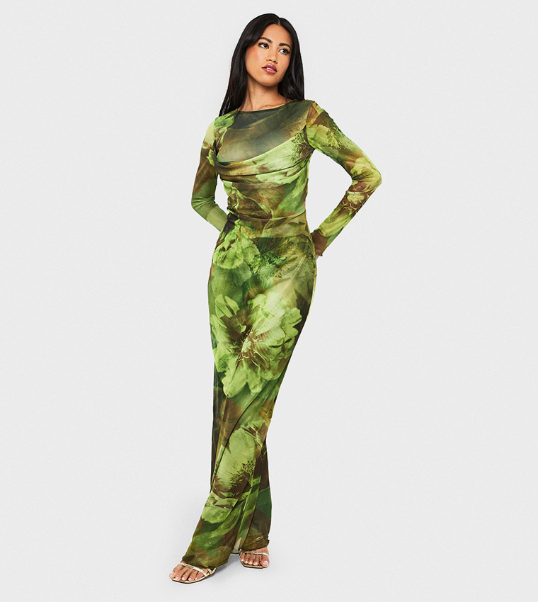 Floral Print Mesh Cowl Detail Maxi Dress
