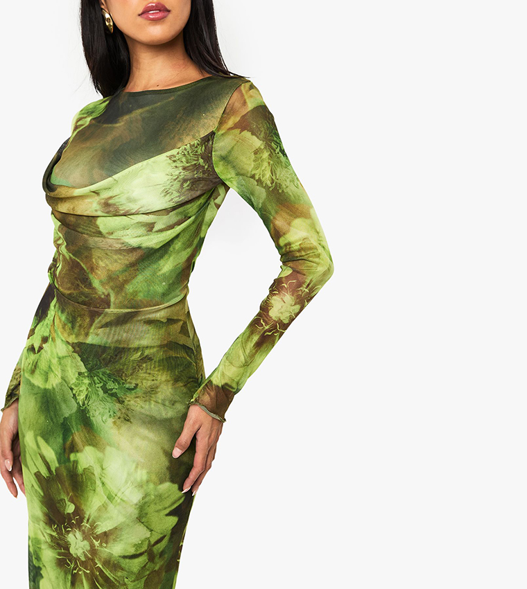 Floral Print Mesh Cowl Detail Maxi Dress