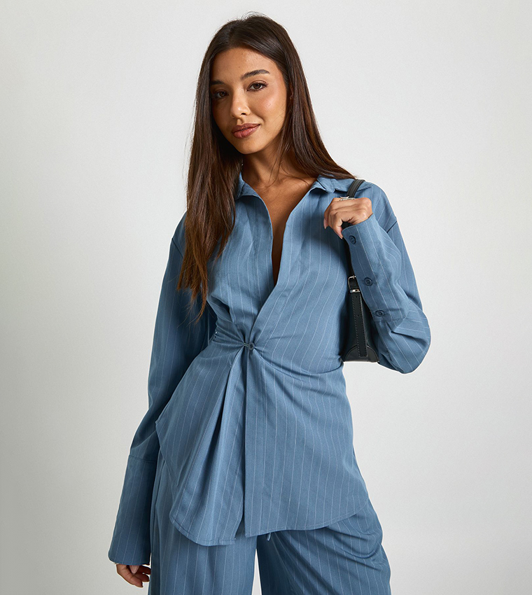 Striped Plunge Wrap Cinched Shirt