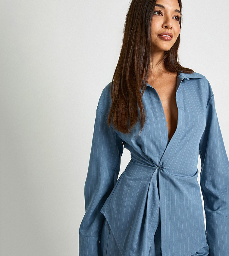 Striped Plunge Wrap Cinched Shirt