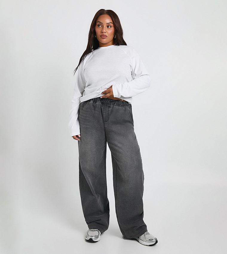Curve Washed Elastic Waist Wide Leg Jeans