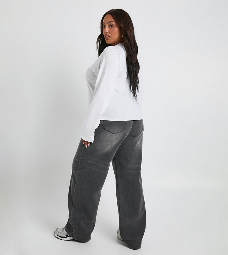 Curve Washed Elastic Waist Wide Leg Jeans