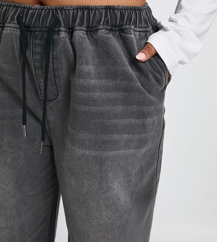 Curve Washed Elastic Waist Wide Leg Jeans