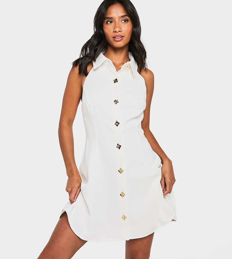 Buy Boohoo Petite Gold Button Sleeveless Shirt Mini Dress In White |  6thstreet UAE