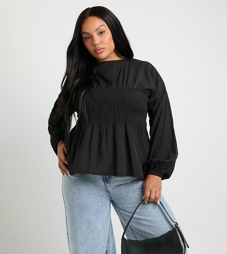 Buy Boohoo Curve Smocked Long Sleeves Peplum Top In Black