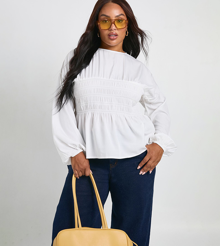 Curve Smocked Long Sleeves Peplum Top
