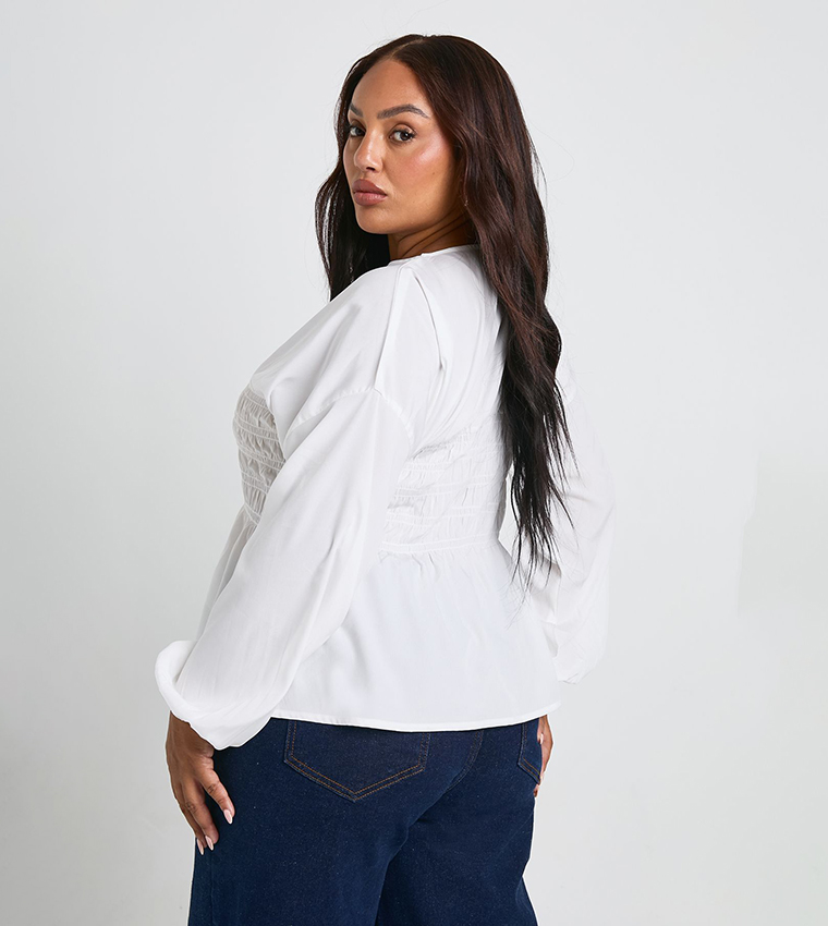 Curve Smocked Long Sleeves Peplum Top