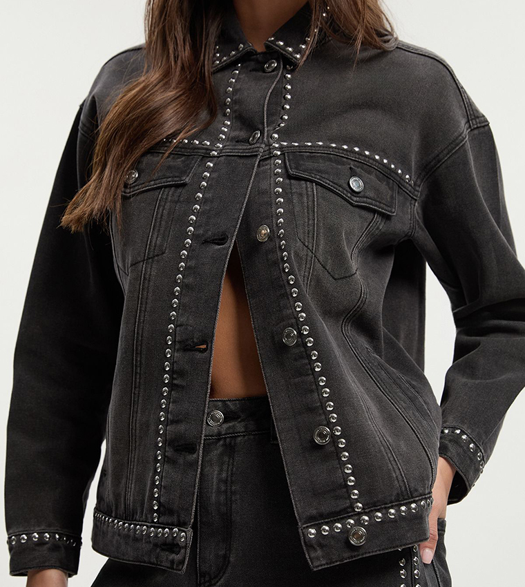 Buy Boohoo Studded Oversized Denim Jacket In Black 6thStreet UAE