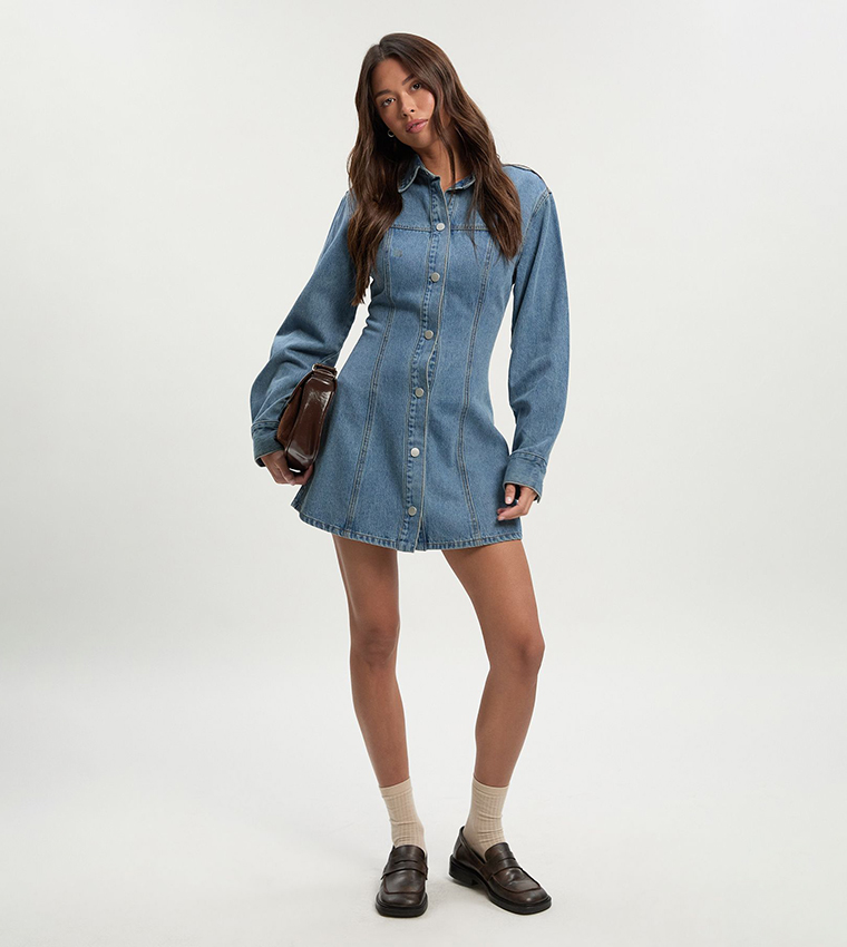 Cinched Waist Long Sleeves Denim Shirt Dress