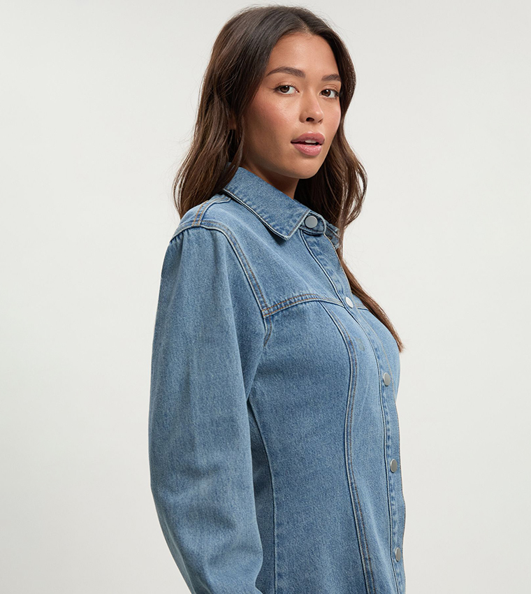 Cinched Waist Long Sleeves Denim Shirt Dress
