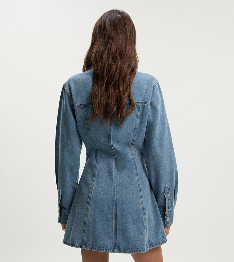 Cinched Waist Long Sleeves Denim Shirt Dress