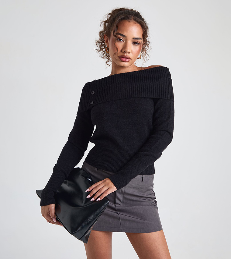 Button Detail Ribbed Knit Bardot Sweater