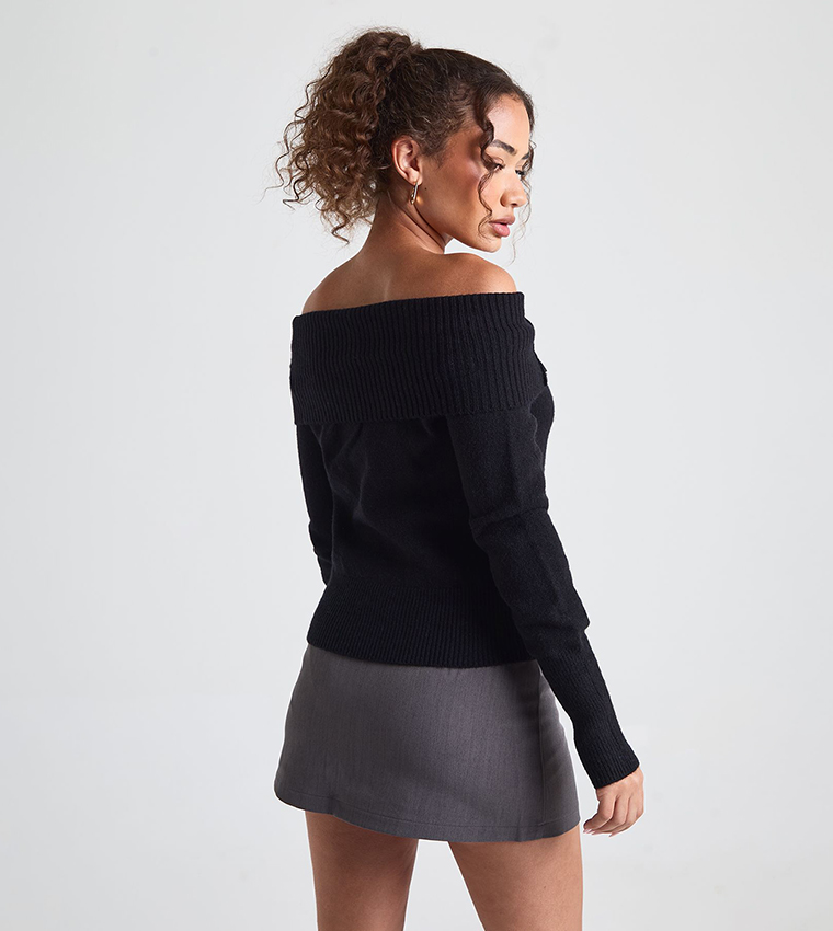 Button Detail Ribbed Knit Bardot Sweater