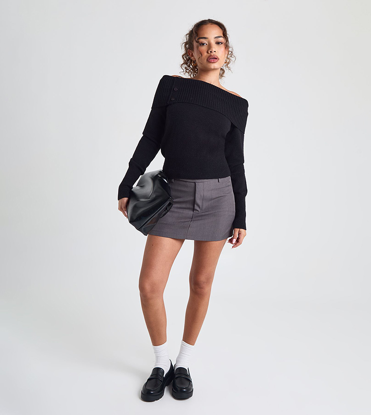 Button Detail Ribbed Knit Bardot Sweater