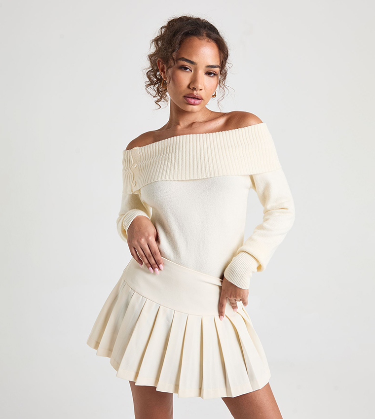 Button Detail Ribbed Knit Bardot Sweater
