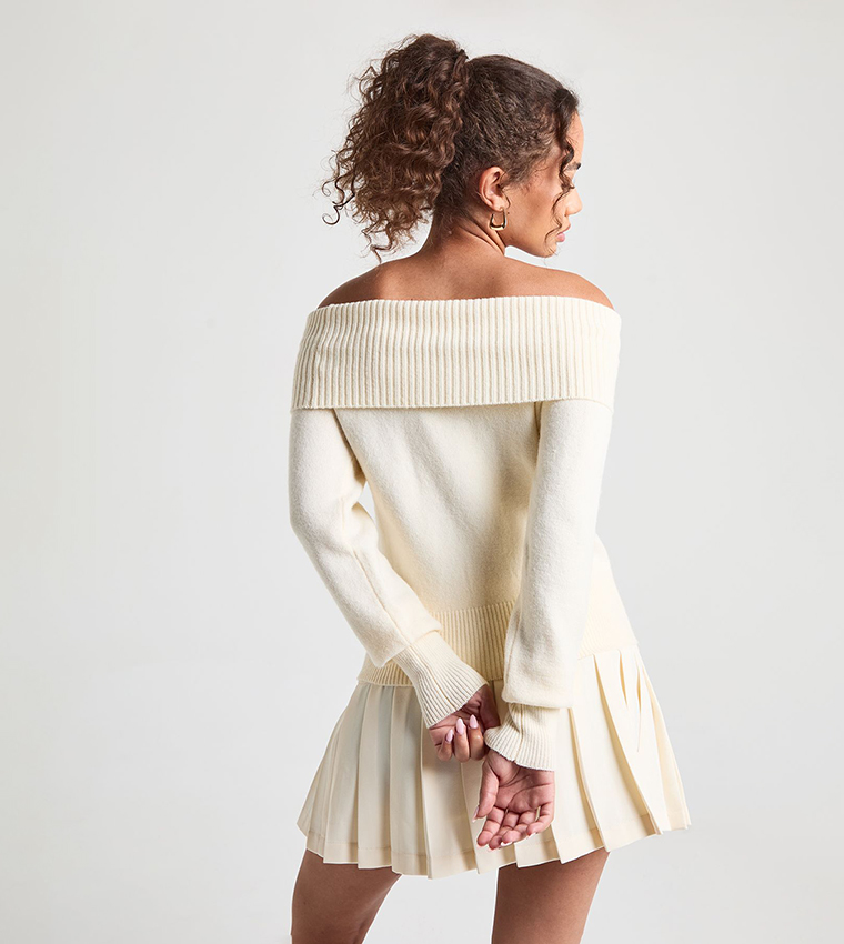 Button Detail Ribbed Knit Bardot Sweater