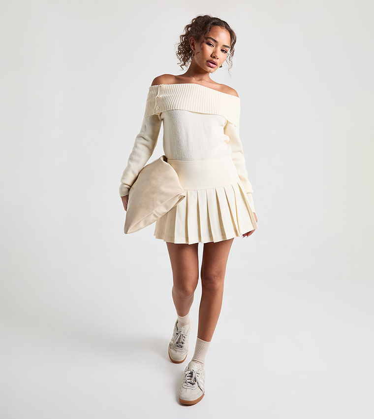 Button Detail Ribbed Knit Bardot Sweater