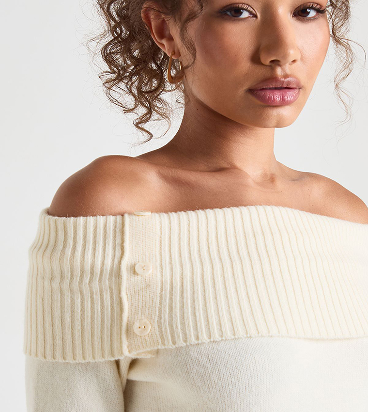 Button Detail Ribbed Knit Bardot Sweater