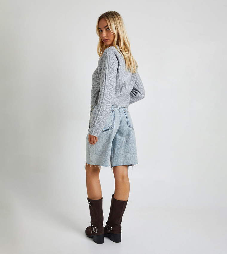 Diagonal Stitch Detail Crew Neck Boxy Fit Kitted Sweater