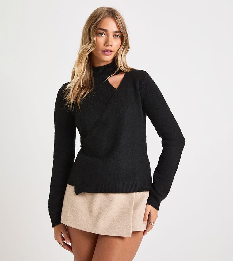 Wrap Detail High Neck Knitted Sweater
