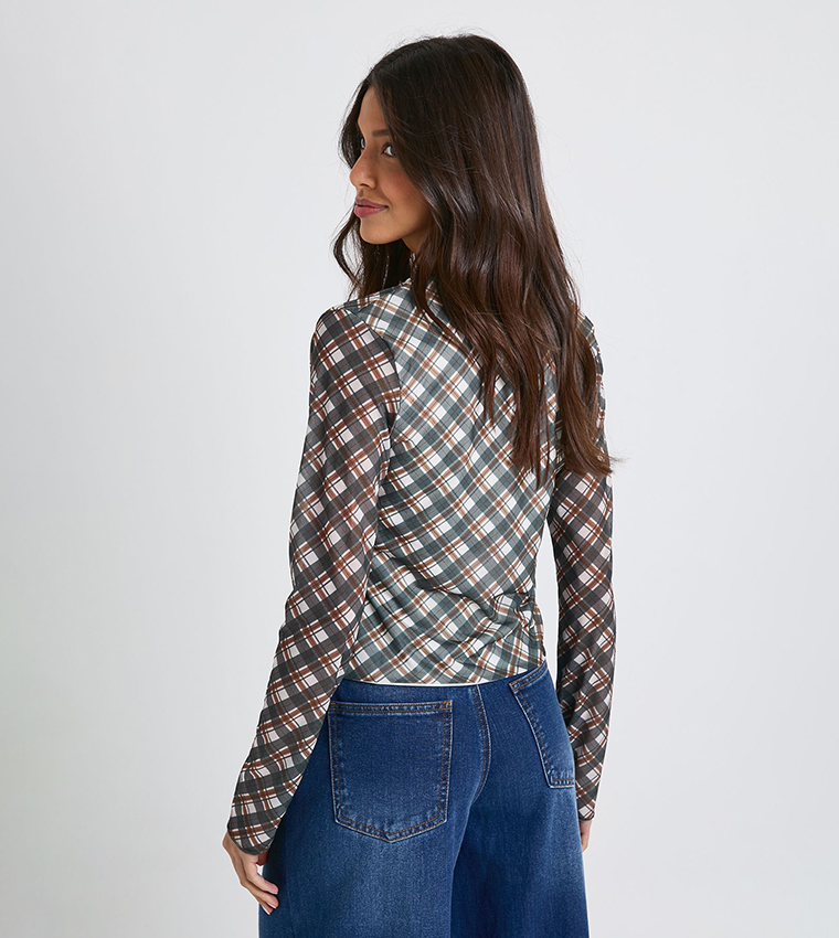 Checkered Mesh Hook & Eye Long Sleeves Top