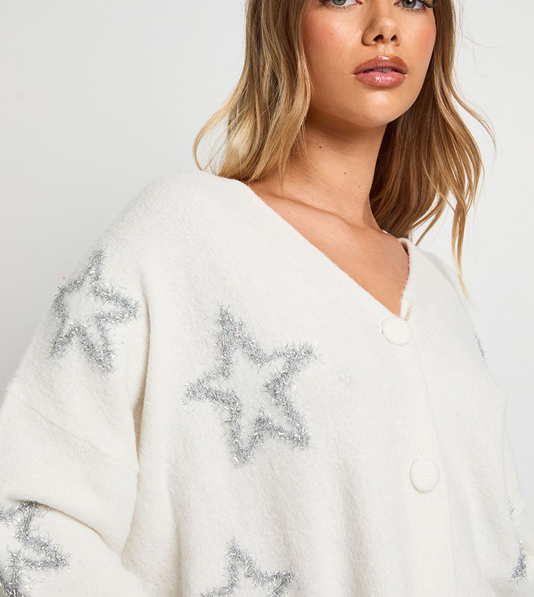 Star Tinsel Print Oversized Knitted Cardigan